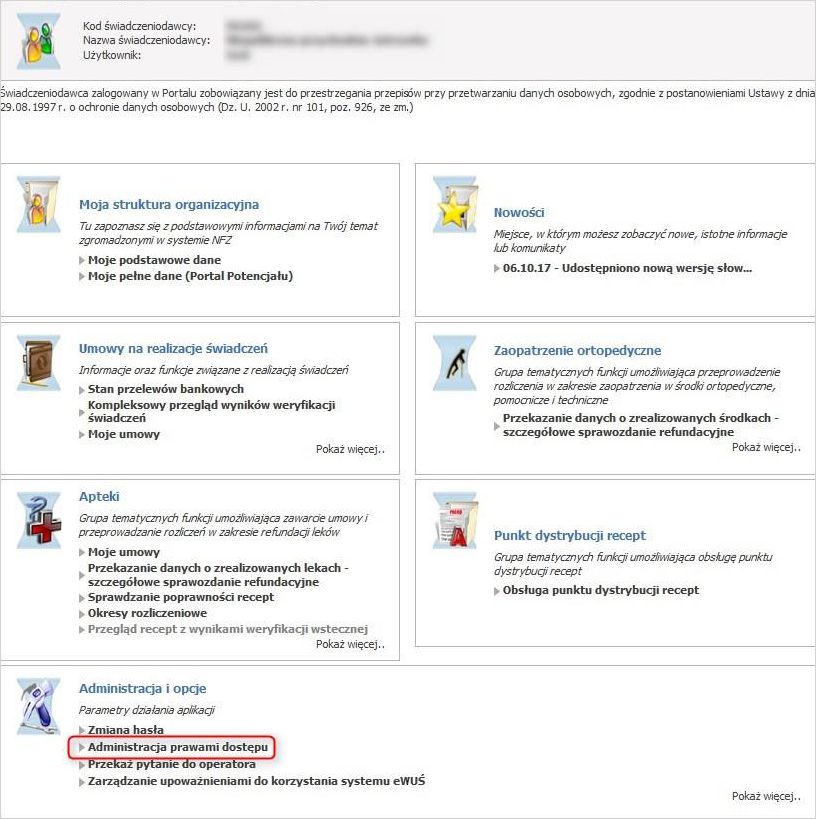 Przykładowe okno Portalu Świadczeniodawcy