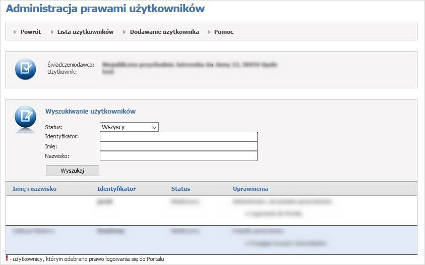 Okno Portalu Świadczeniodawcy/Administracja prawami użytkowników