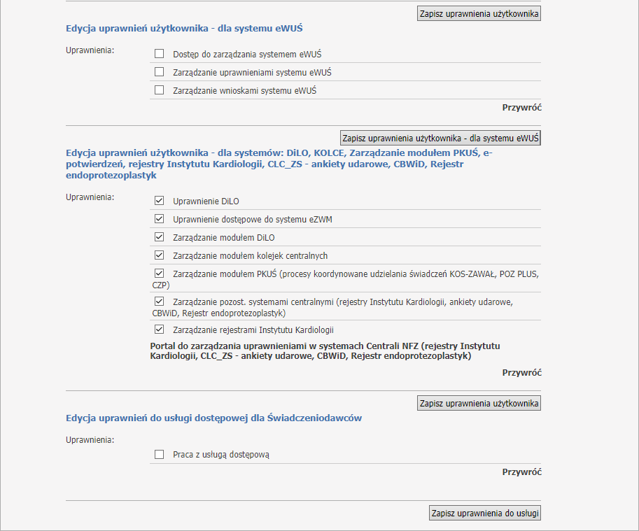 Fragment okna edycji uprawnień użytkownika