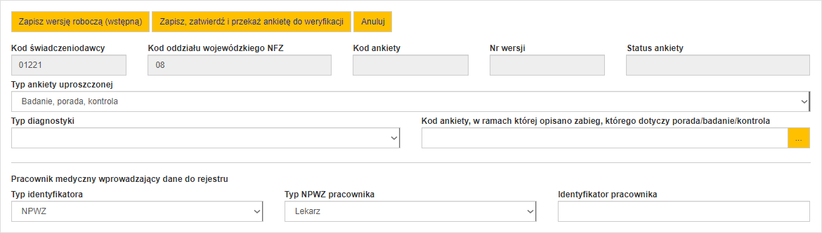 Nagłówek ankiety uproszczonej typu "badanie, porada, kontrola"