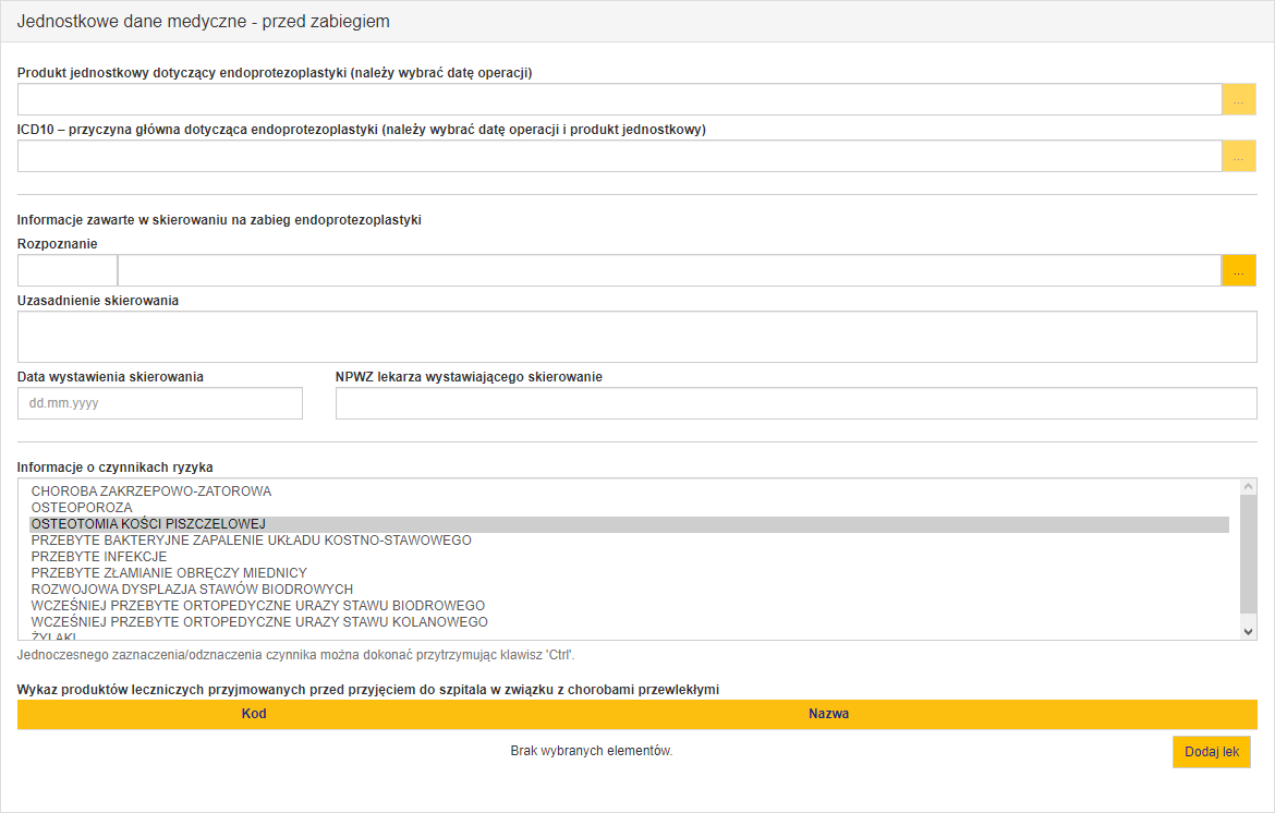 Sekcja "Jednostkowe dane medyczne - przed zabiegiem" dla ankiety pełnej rodzaju ankieta statystyczna
