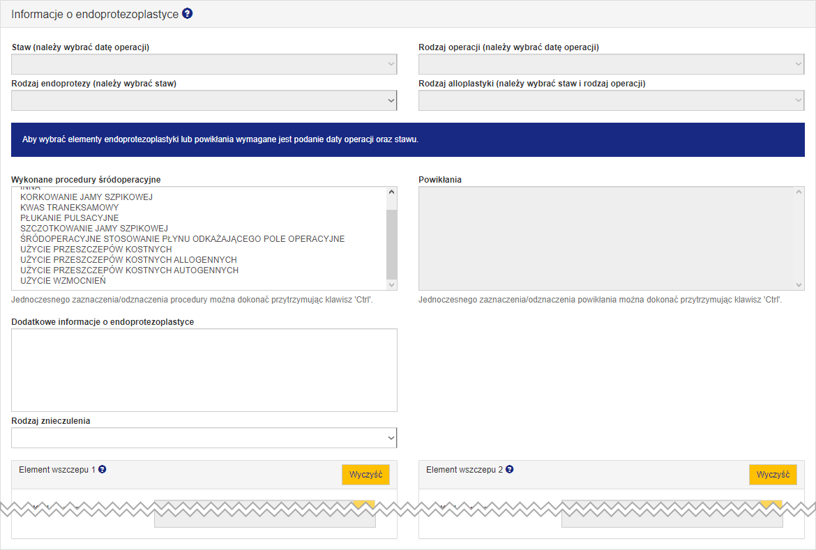Sekcja "Informacje o endoprotezoplastyce" dla ankiety pełnej