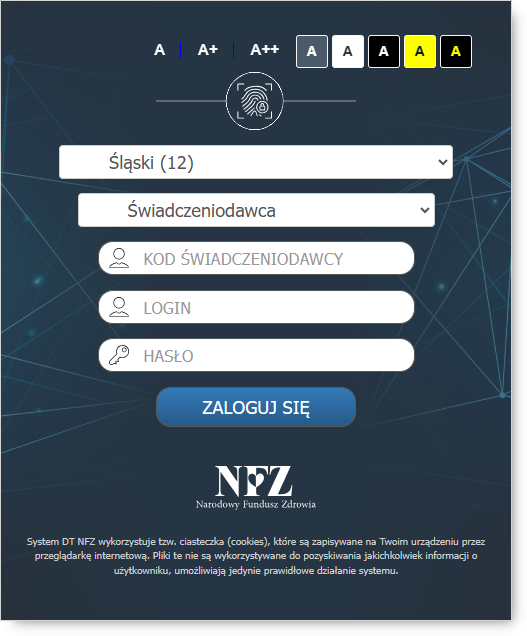 Okno logowania dla świadczeniodawców OW NFZ: Dolnośląskiego, Lubuskiego, Łódzkiego, Małopolskiego, Opolskiego, Podkarpackiego, Pomorskiego, Śląskiego 