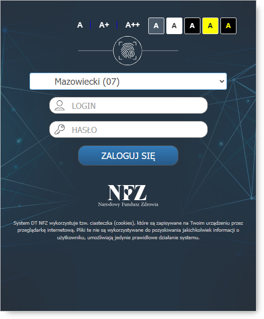 Okno logowania dla świadczeniodawców OW NFZ: Kujawsko-Pomorskiego, Lubelskiego, Mazowieckiego, Podlaskiego, Świętokrzyskiego, Warmińsko-Mazurskiego, Wielkopolskiego, Zachodniopomorskiego